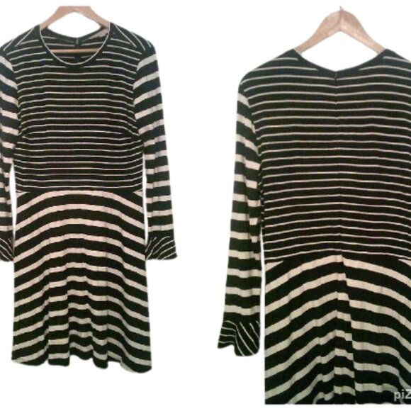 BUNDLE 5/$35 LOFT  Black White Striped Dress Long Sleeve Ruffle Cuff SZ 13 - Picture 1 of 8